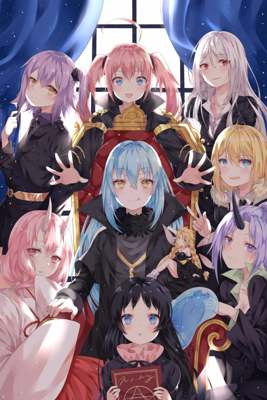 1other 6+girls androgynous bangs black_hair blonde_hair blue_eyes blue_hair book braid carrera_(tensei_shitara_slime_datta_ken) chloe_aubert closed_mouth collar collarbone curtains eyebrows_visible_through_hair fairy fairy_wings formal fur fur_collar fur_trim hair_between_eyes highres horns japanese_clothes kimono long_hair long_sleeves looking_at_viewer milim_nava military military_uniform multiple_girls necktie oni oni_horns open_mouth pink_eyes pink_hair ponytail purple_eyes purple_hair ramirisu red_eyes ribbon rimuru_tempest shion_(tensei_shitara_slime_datta_ken) shuna_(tensei_shitara_slime_datta_ken) side_ponytail slime smile suit tensei_shitara_slime_datta_ken testarossa_(tensei_shitara_slime_datta_ken) throne twintails ultima_(tensei_shitara_slime_datta_ken) uniform white_hair window wings yellow_eyes yozora_(33968397)