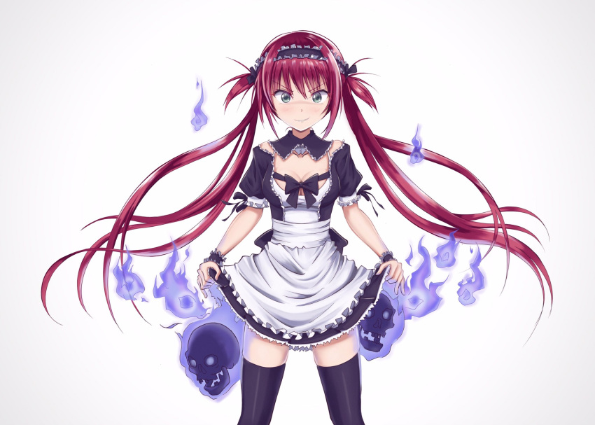 1girl airi_(queen's_blade) apron bangs black_bow black_dress black_legwear black_ribbon blue_eyes bow bowtie breasts busterbeam cleavage cleavage_cutout closed_mouth clothing_cutout collar detached_collar dress fire frilled_dress frilled_sleeves frills ghost hair_ribbon highres long_hair looking_at_viewer maid maid_apron maid_headdress medium_breasts puffy_short_sleeves puffy_sleeves queen's_blade red_hair ribbon sash short_dress short_sleeves sidelocks skirt_hold smile solo spirit thighhighs twintails two_side_up underwear very_long_hair waist_apron white_apron white_sash wrist_cuffs