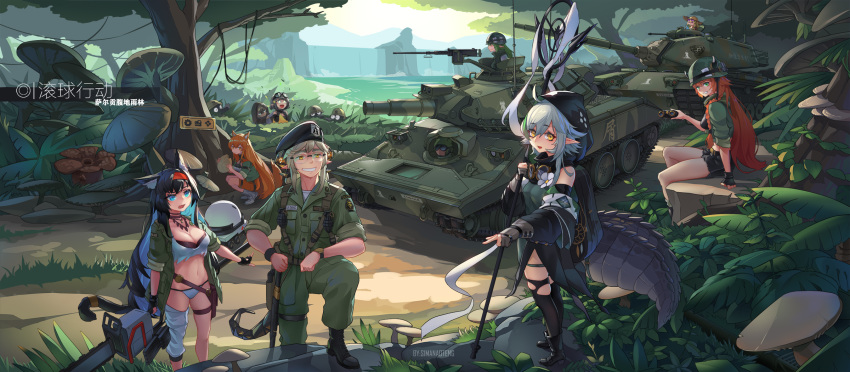 1boy 6+girls ahoge animal_ears arknights bikini binoculars black_hair blaze_(arknights) blue_eyes breasts cat_ears cat_tail ceobe_(arknights) chinese_commentary cleavage commentary_request croissant_(arknights) eunectes_(arknights) flint_(arknights) flower gavial_(arknights) green_hair green_jacket ground_vehicle hairband helmet highres holding holding_staff hood jacket lancet-2_(arknights) large_breasts long_hair military military_vehicle motor_vehicle multiple_girls mushroom navel orange_hair outdoors plant red_hairband robot short_sleeves silver_hair sima_naoteng sitting staff standing stomach swimsuit tail tank tomimi_(arknights) tree utage_(arknights) very_long_hair white_bikini white_flower yellow_eyes