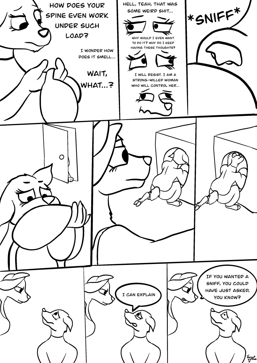 absurd_res anthro canid canine canis cervid clothed clothing comic duo english_text female fur hair hi_res hooves laundry mammal maura_(threepaws) monochrome open_mouth simple_background sniffing teah_(threepaws) text threepaws wolf