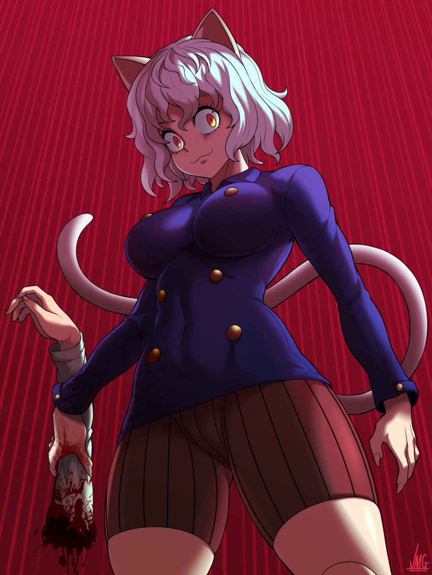 1girl :3 animal_ears artist_name bike_shorts breasts cat_ears cat_tail highres hunter_x_hunter jmg large_breasts looking_at_viewer looking_down neferpitou red_background short_hair signature smile solo tail thighs white_hair yellow_eyes