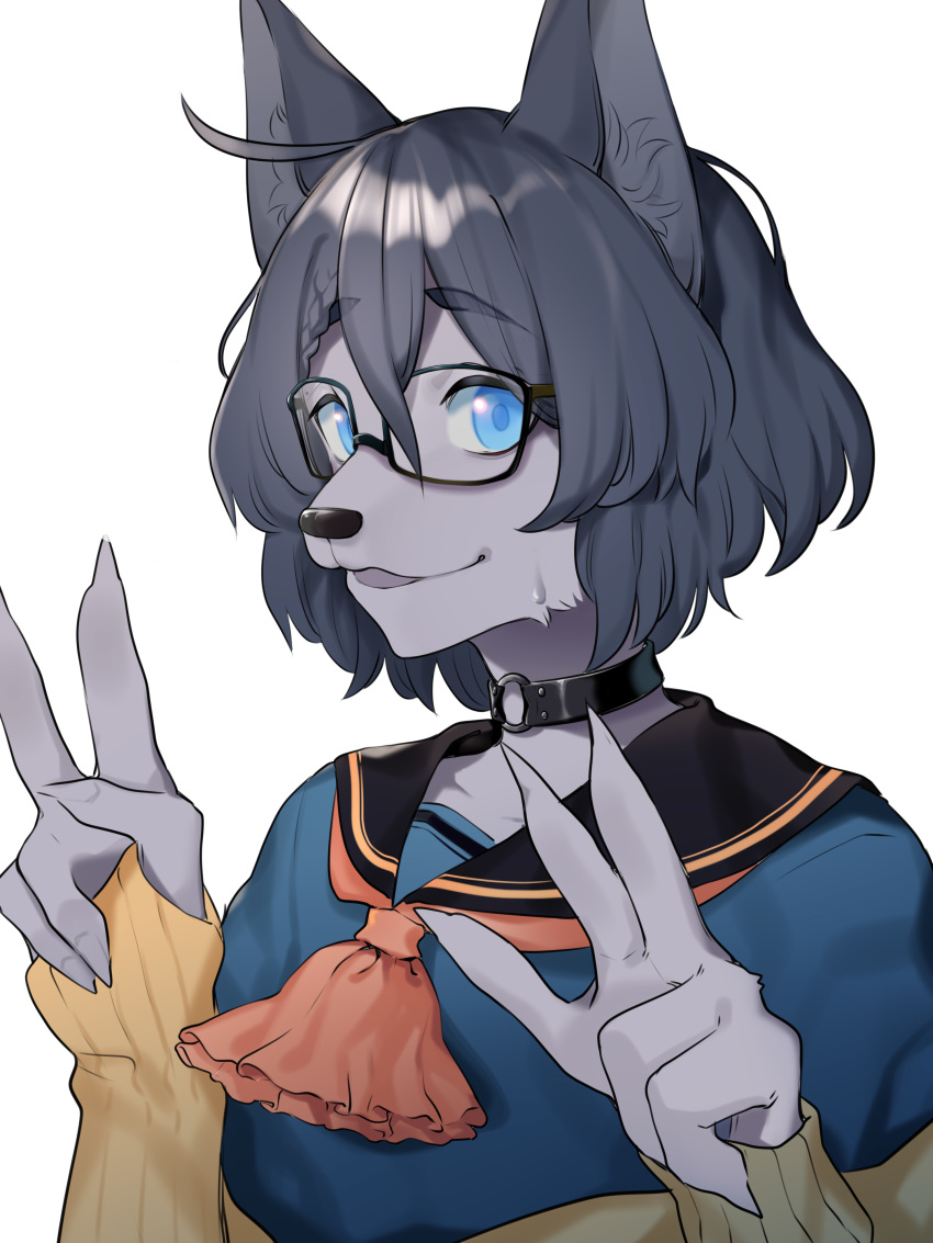 1boy absurdres ahoge animal_ear_fluff animal_ears aqua_shirt black-framed_eyewear black_hair blue_eyes braid brown_gloves choker collarbone commentary_request double_v fingerless_gloves furry glasses gloves grey_fur hair_between_eyes hands_up highres indie_virtual_youtuber kushizaki_(vtuber) looking_at_viewer o-ring o-ring_choker open_mouth ribbed_gloves sailor_collar shirt short_hair simple_background solo st_(youx1119) sweatdrop upper_body v virtual_youtuber white_background wolf_ears