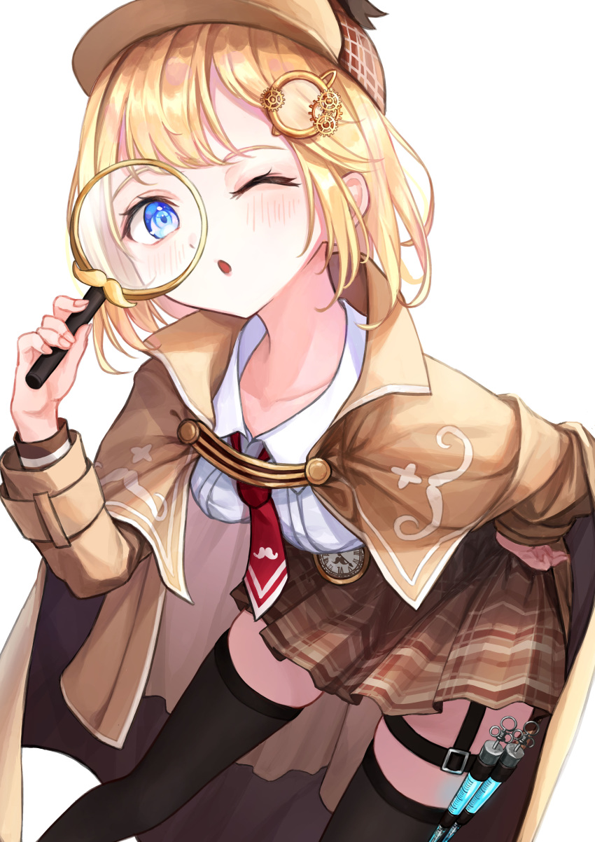 1girl absurdres black_legwear blonde_hair blouse blue_eyes cape collarbone deerstalker detective hand_on_hip hat highres hololive hololive_english leaning_forward magnifying_glass medium_hair monocle_hair_ornament necktie one_eye_closed open_mouth red_neckwear simple_background solo syringe takuo thighhighs virtual_youtuber watson_amelia white_background zettai_ryouiki