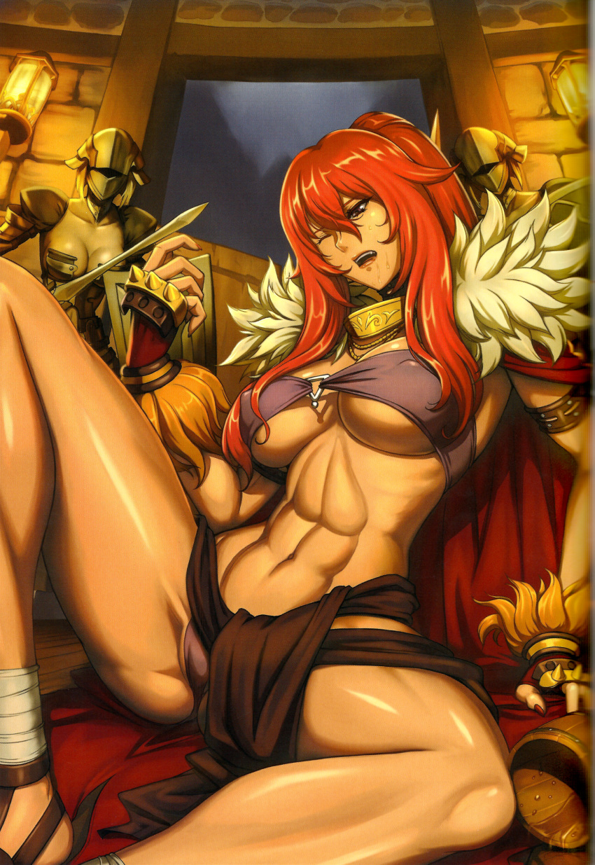 1girl abs ankle_wrap armor breasts cape choker covered_nipples cup dark_skin defeat eiwa fingernails gloves highres jewelry knee_up large_breasts legs long_hair long_legs nail_polish navel necklace official_art one_eye_closed panties ponytail purple_eyes purple_panties queen's_blade queen's_blade_rebellion red_hair risty sidelocks spiked_knuckles spread_legs sword thick_thighs thighs toned underboob underwear vanquished_queens weapon