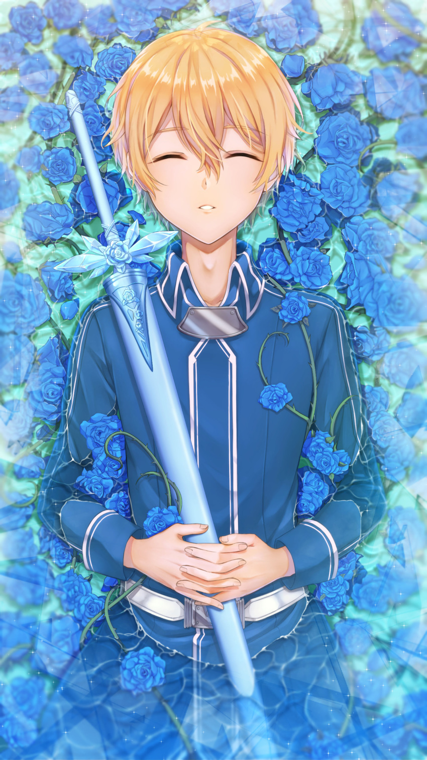 1boy absurdres bangs blonde_hair blue_flower blue_jacket blue_rose closed_eyes commentary_request eugeo facing_viewer flower hair_between_eyes hands_on_own_stomach highres holding holding_sword holding_weapon jacket liang_an long_sleeves looking_at_viewer lying male_focus on_back pants parted_lips partially_submerged rose sheath sheathed short_hair smile solo sword sword_art_online teeth water weapon