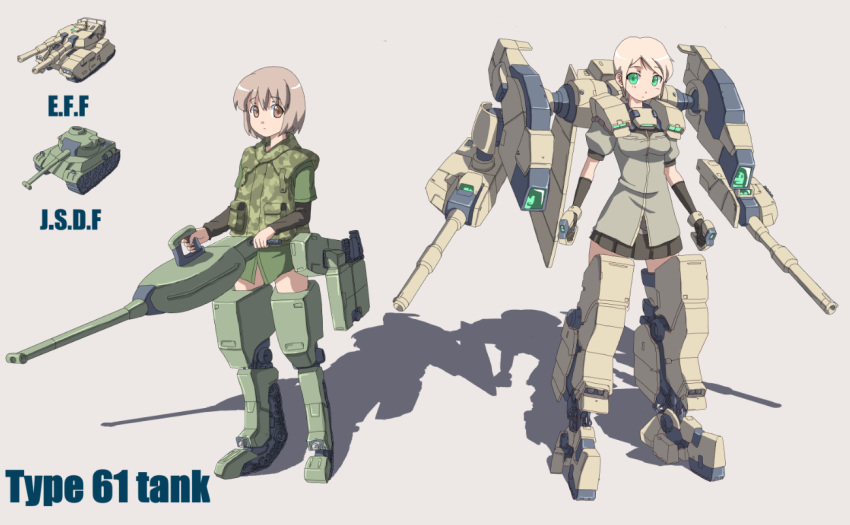 2girls armor blonde_hair breasts brown_eyes caterpillar_tracks commentary_request emblem english_text flat_chest goroplus green_eyes ground_vehicle gun gundam japan_ground_self-defense_force japan_self-defense_force light_brown_hair mecha_musume military military_vehicle motor_vehicle multiple_girls personification shirt short_hair skirt tank type_61_(gundam) type_61_(tank) weapon