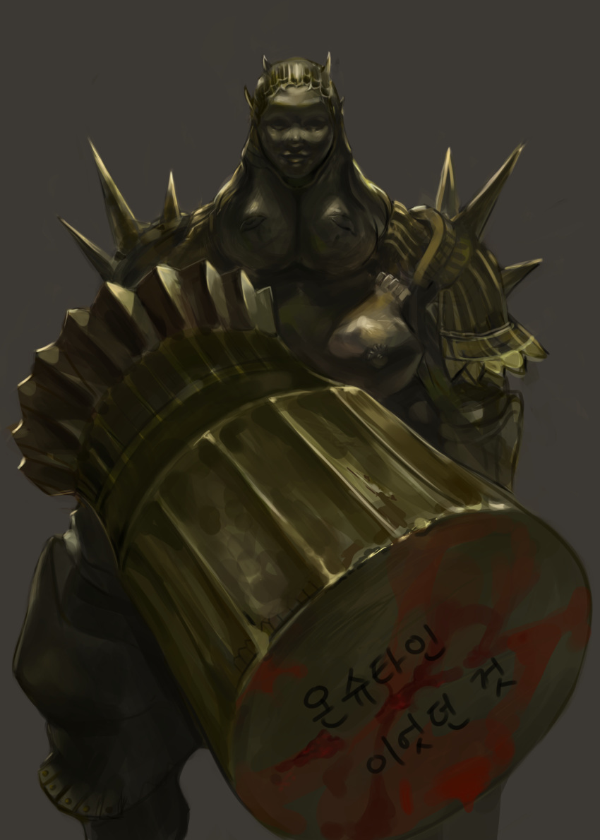 1boy armor breastplate brown_background commentary_request dark_souls dokomon executioner_smough facing_viewer fat fat_man full_armor gold_armor hammer helm helmet highres holding holding_weapon huge_weapon male_focus pauldrons shoulder_armor simple_background solo souls_(from_software) spiked_armor standing translation_request weapon