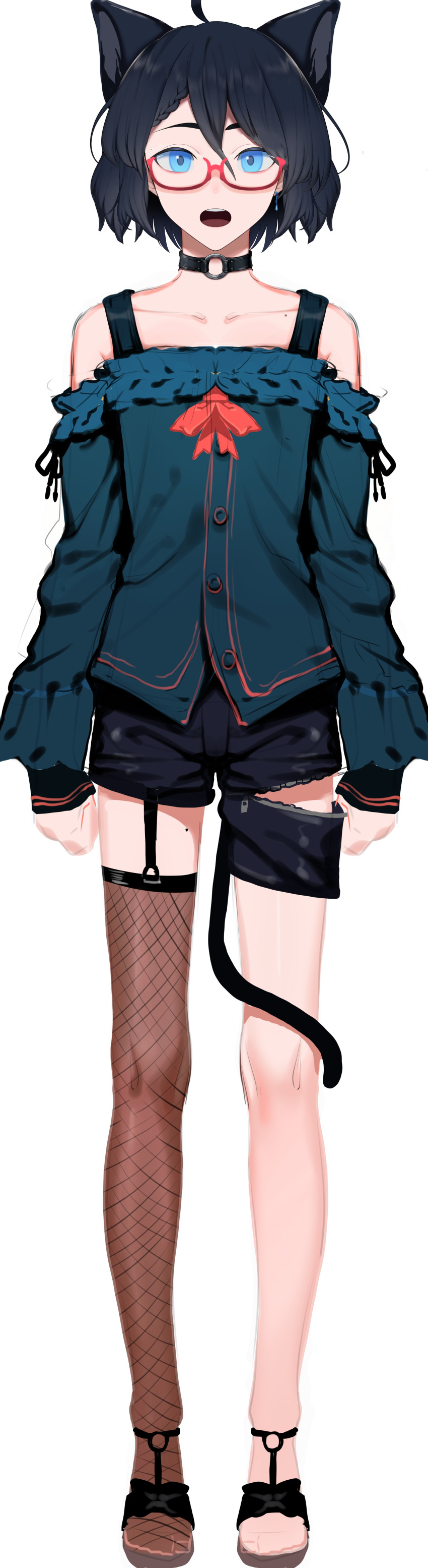 1boy absurdres ahoge animal_ears arms_at_sides bangs bare_shoulders black_choker black_hair black_shorts blue_eyes cat_boy cat_ears cat_tail choker collarbone commentary_request fishnet_legwear fishnets frills full_body garter_straps glasses highres indie_virtual_youtuber kushizaki_(vtuber) long_sleeves looking_at_viewer male_focus o-ring o-ring_choker open_mouth otoko_no_ko red-framed_eyewear red_ribbon ribbon sandals semi-rimless_eyewear short_hair shorts simple_background single_thighhigh solo st_(youx1119) standing tail thighhighs unzipped white_background