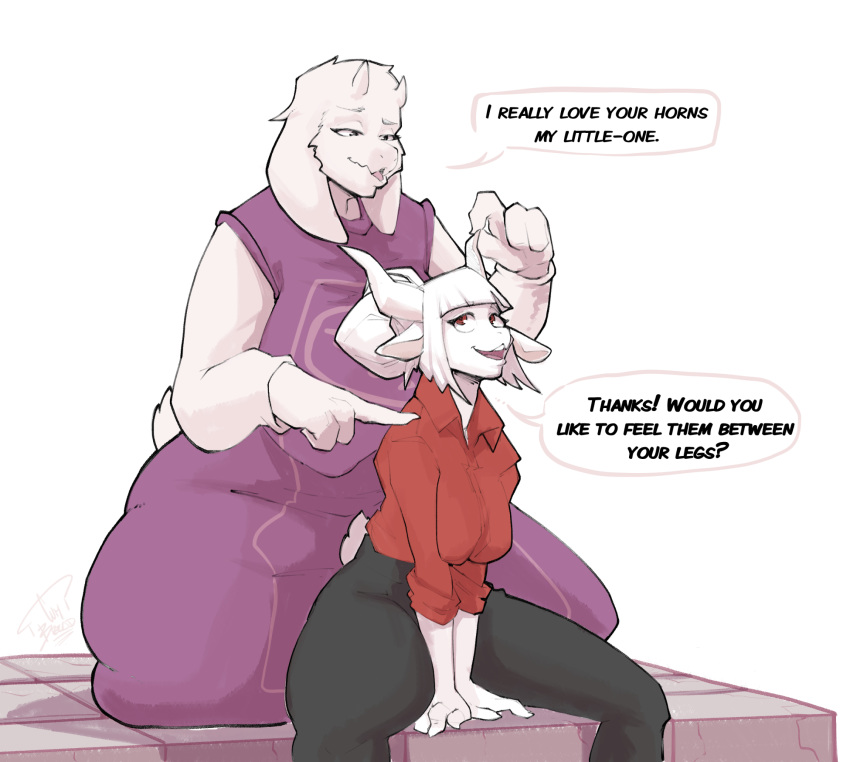 4_fingers anthro bovid caprine clothing cumbread dialogue duo english_text female female/female fingers goat hair helltaker hi_res kneeling lucifer_(helltaker) mammal red_eyes simple_background sitting text thick_thighs toriel undertale video_games white_hair