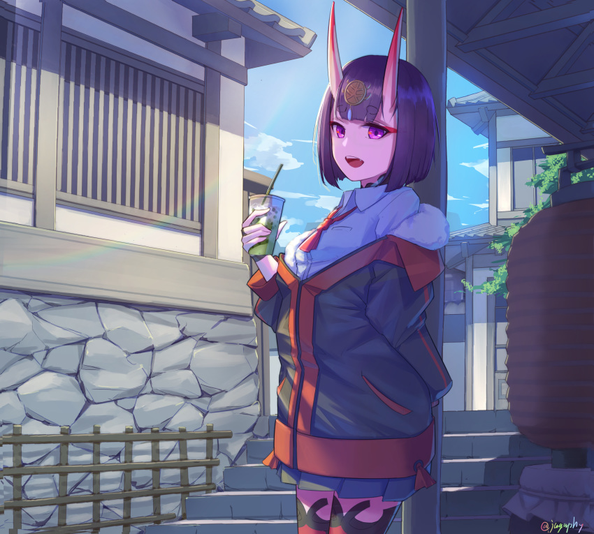 1girl absurdres alternate_costume architecture blue_sky bob_cut building casual cloud collared_shirt cowboy_shot cup day disposable_cup drinking_straw east_asian_architecture eyebrows_visible_through_hair eyeliner fate/grand_order fate_(series) headpiece highres holding holding_cup hood hood_down hooded_jacket horns jacket long_sleeves makeup off_shoulder oni oni_horns outdoors purple_eyes purple_hair sawarineko shirt short_eyebrows short_hair shuten_douji_(fate/grand_order) skin-covered_horns sky solo standing white_shirt
