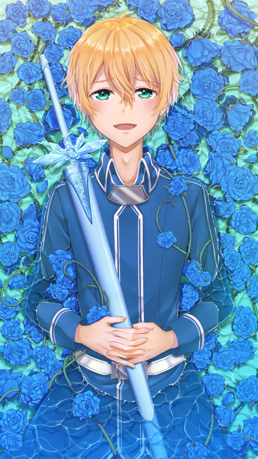 1boy absurdres bangs blonde_hair blue_flower blue_jacket blue_rose commentary_request eugeo facing_viewer flower green_eyes hair_between_eyes hands_on_own_stomach highres holding holding_sword holding_weapon jacket liang_an long_sleeves looking_at_viewer lying male_focus on_back open_mouth pants partially_submerged rose sheath sheathed short_hair smile solo sword sword_art_online water weapon