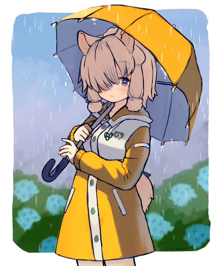 1girl absurdres alpaca_ears alpaca_girl alpaca_suri_(kemono_friends) alpaca_tail alternate_costume animal_ears blue_eyes blush cowboy_shot eyebrows_visible_through_hair flower hair_over_one_eye hair_tubes highres hood hood_down hydrangea ichi001 japari_symbol kemono_friends kemono_friends_3 long_sleeves rain raincoat short_hair solo tail umbrella white_hair yellow_raincoat yellow_umbrella