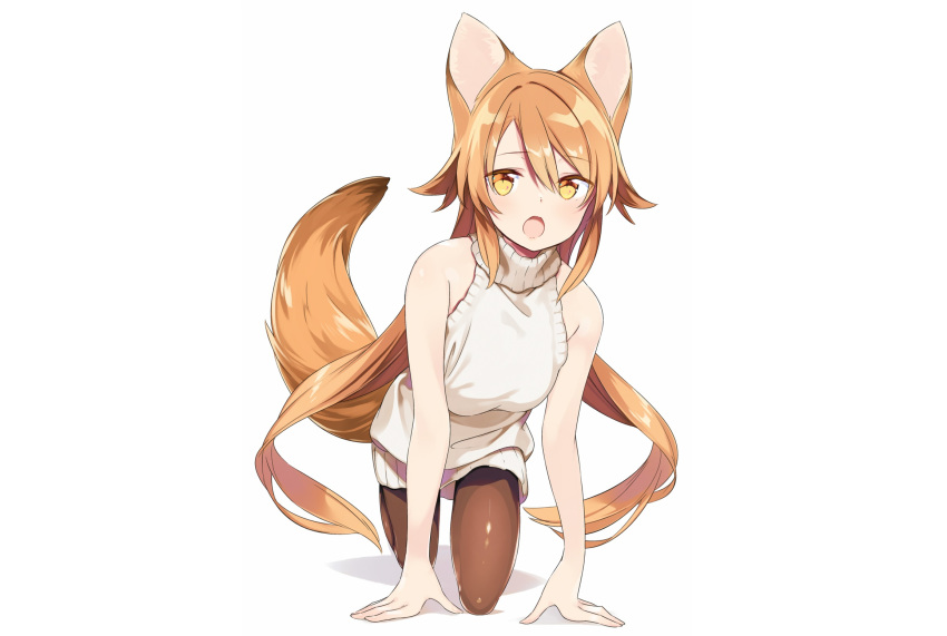 animal_ears brown_hair dress fang foxgirl long_hair original pantyhose sama tail white yellow_eyes