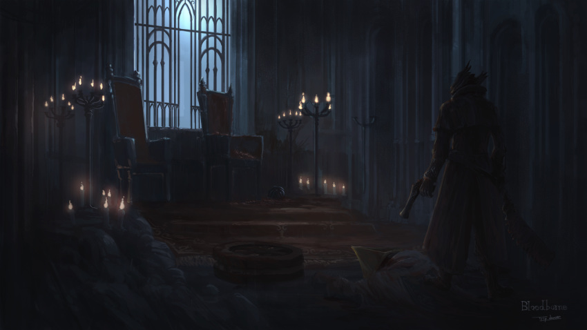 alfred_(bloodborne) artist_name blood bloodborne brown_capelet brown_coat brown_gloves candle candlelight candlestand capelet carpet chair coat commentary copyright_name corpse gloves gun hat helmet highres holding holding_gun holding_weapon hunter_(bloodborne) indoors logarius_wheel on_person red_carpet saw_cleaver spoilers standing tricorne tripdancer weapon white_robe window