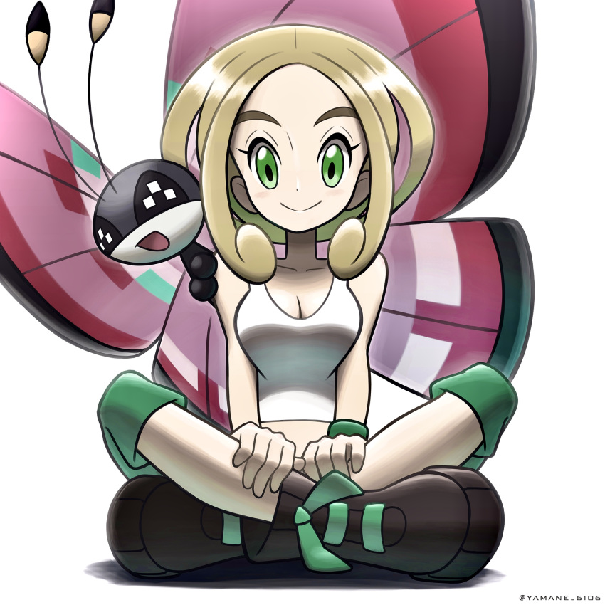 1girl bangs bare_shoulders black_footwear blonde_hair blush boots breasts cleavage collarbone commentary crop_top full_body gen_6_pokemon green_eyes green_shorts green_wristband gym_leader highres indian_style large_breasts looking_at_viewer midriff on_shoulder parted_bangs pokemon pokemon_(creature) pokemon_(game) pokemon_on_shoulder pokemon_xy shadow shorts simple_background sitting smile solo_focus tank_top thick_eyebrows twitter_username viola_(pokemon) vivillon white_background white_tank_top wristband yamane_(viq4201)