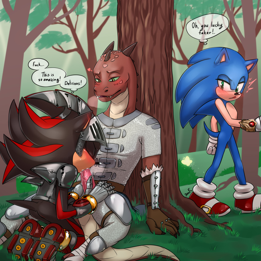 1:1 anthro bean_(llamalord) caught english_text eulipotyphlan fellatio forest group hedgehog hi_res kobold krazyelf male male/male mammal oral outside penile profanity sex shadow_the_hedgehog sonic_the_hedgehog sonic_the_hedgehog_(series) text tree voyeur