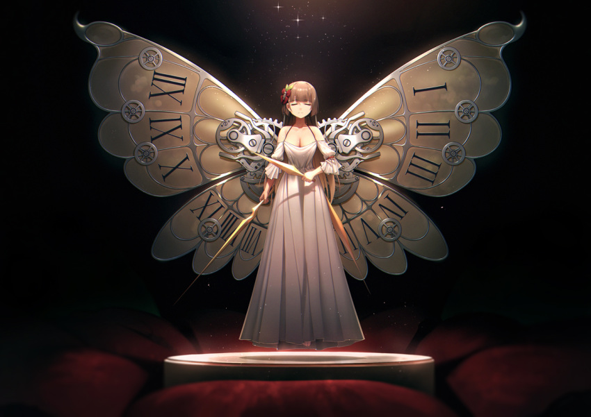 1girl bare_shoulders breasts brown_hair brown_wings butterfly_wings cleavage closed_eyes closed_mouth commentary_request dress facing_viewer lexington_(warship_girls_r) medium_breasts off-shoulder_dress off_shoulder pleated_dress roman_numerals solo sparkle standing warship_girls_r white_dress wings xiaoyin_li