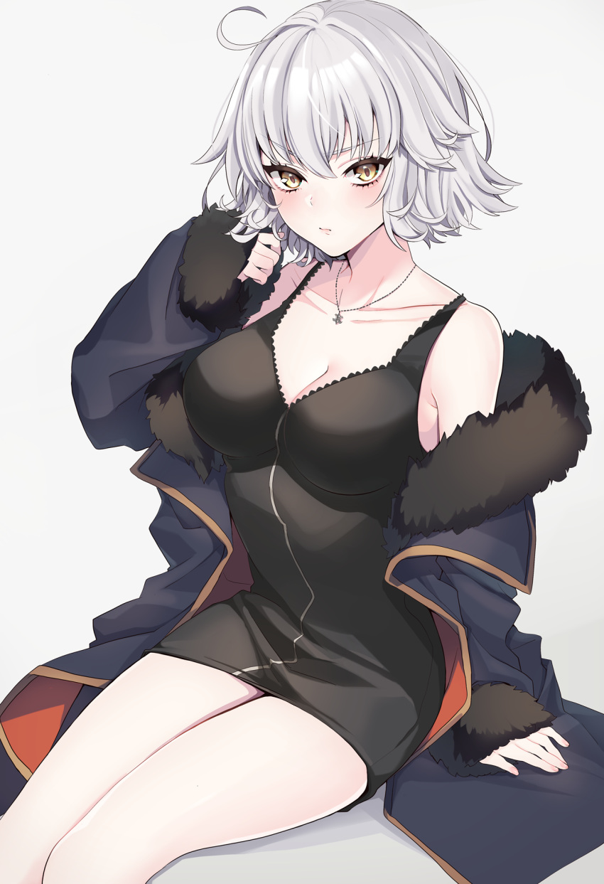 ahoge bangs black_dress blush breasts cape cleavage closed_mouth collarbone commentary_request dress eyebrows_visible_through_hair fate/grand_order fate_(series) fur-trimmed_cape fur_collar fur_trim highres jeanne_d'arc_(alter)_(fate) jeanne_d'arc_(fate)_(all) jeanne_d'arc_(alter)_(fate) jeanne_d'arc_(fate)_(all) jewelry large_breasts legs looking_at_viewer necklace neko-san_(dim.dream) off_shoulder pale_skin short_dress short_hair silver_hair sitting yellow_eyes