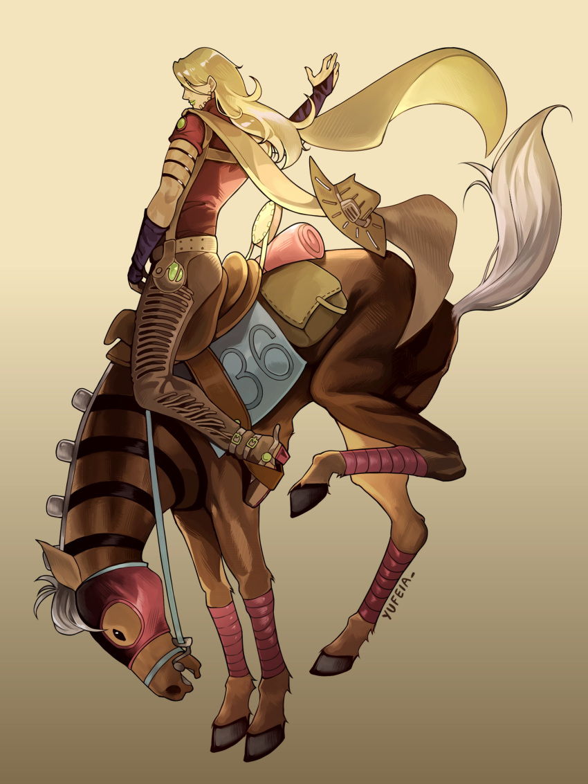1boy absurdres bandaged_leg bandages beard belt black_bridal_gauntlets blonde_hair bridal_gauntlets brown_hat brown_pants cape cowboy_hat facial_hair gloves goggles goggles_on_headwear green_lips grey_belt gyro_zeppeli hand_up hat highres holding holding_reins holster horse horseback_riding jojo_no_kimyou_na_bouken long_hair male_focus mask pants red_mask red_shirt reins riding saddle saddlebags shirt short_sleeves solo spurs steel_ball_(jojo) steel_ball_run studded_belt unworn_hat unworn_headwear valkyrie_(jojo) yellow_cape yufeia