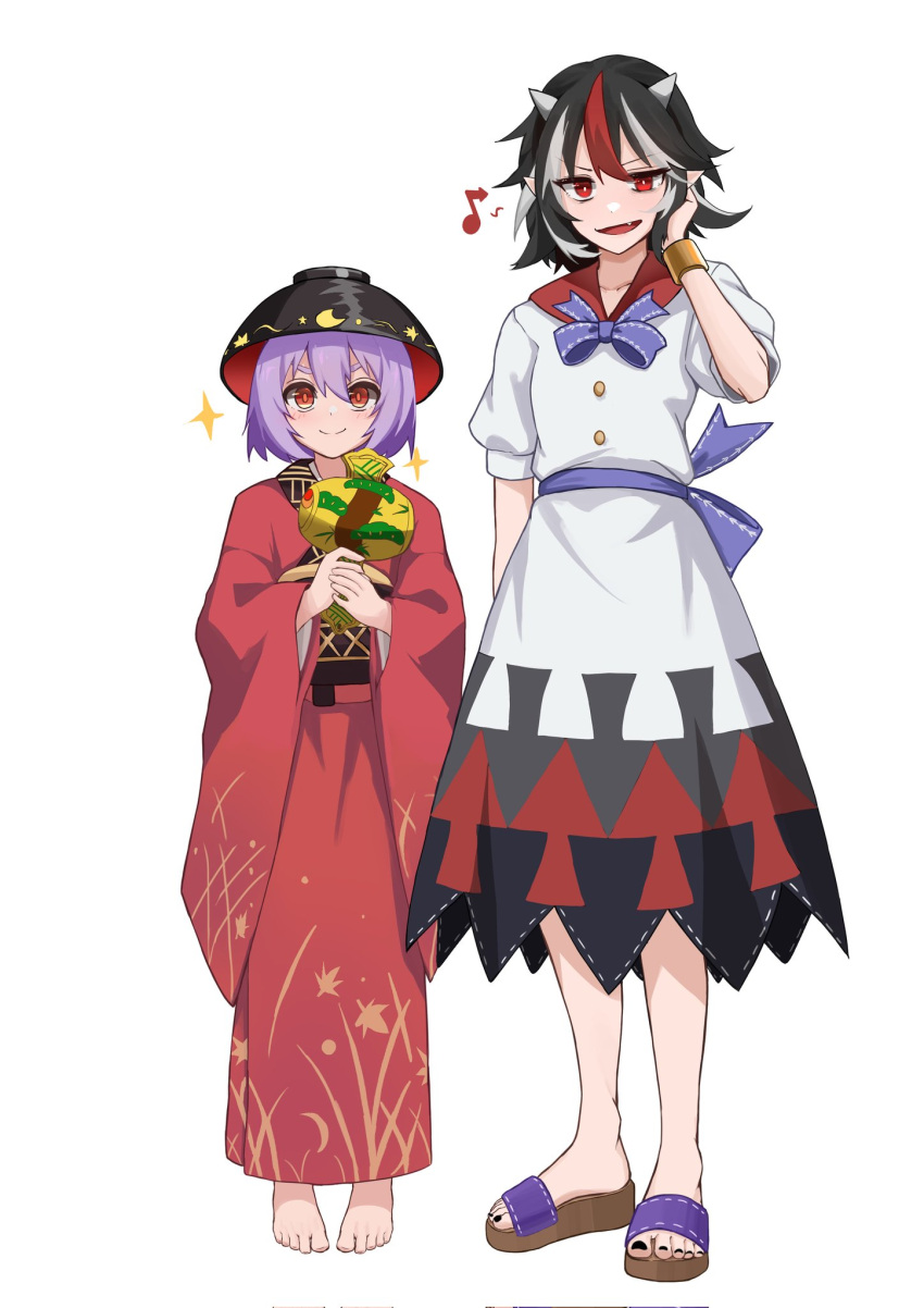 2girls arrow_print back_bow barefoot black_hair black_sash bow bowl bowl_hat brown_sandals closed_mouth commentary cone_horns corrupted_twitter_file english_commentary fang full_body grey_horns hat height_difference highres horns jager japanese_clothes kijin_seija kimono long_sleeves looking_at_viewer miracle_mallet multicolored_hair multiple_girls musical_note obi open_mouth pointy_ears puffy_short_sleeves puffy_sleeves purple_bow purple_hair red_eyes red_kimono red_streaks sandals sash short_sleeves simple_background small_horns smile sparkle streaked_hair sukuna_shinmyoumaru touhou white_background white_streaks wide_sleeves