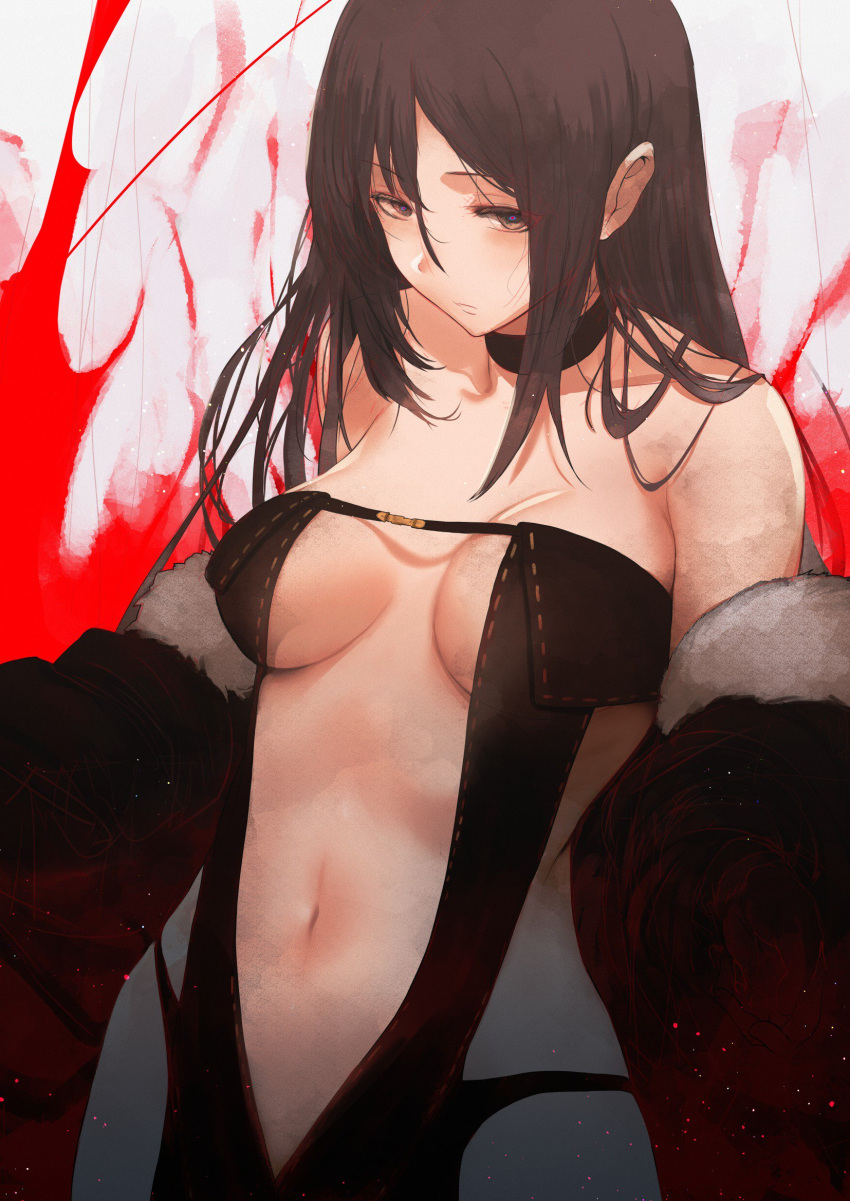 1girl bangs bare_shoulders black_dress black_jacket breasts brown_eyes brown_hair center_opening choker closed_mouth collarbone consort_yu_(fate) dress fate/grand_order fate_(series) fur-trimmed_jacket fur_collar fur_trim hair_between_eyes hews_hack highres hips jacket long_hair looking_at_viewer medium_breasts navel off_shoulder open_clothes open_jacket solo very_long_hair