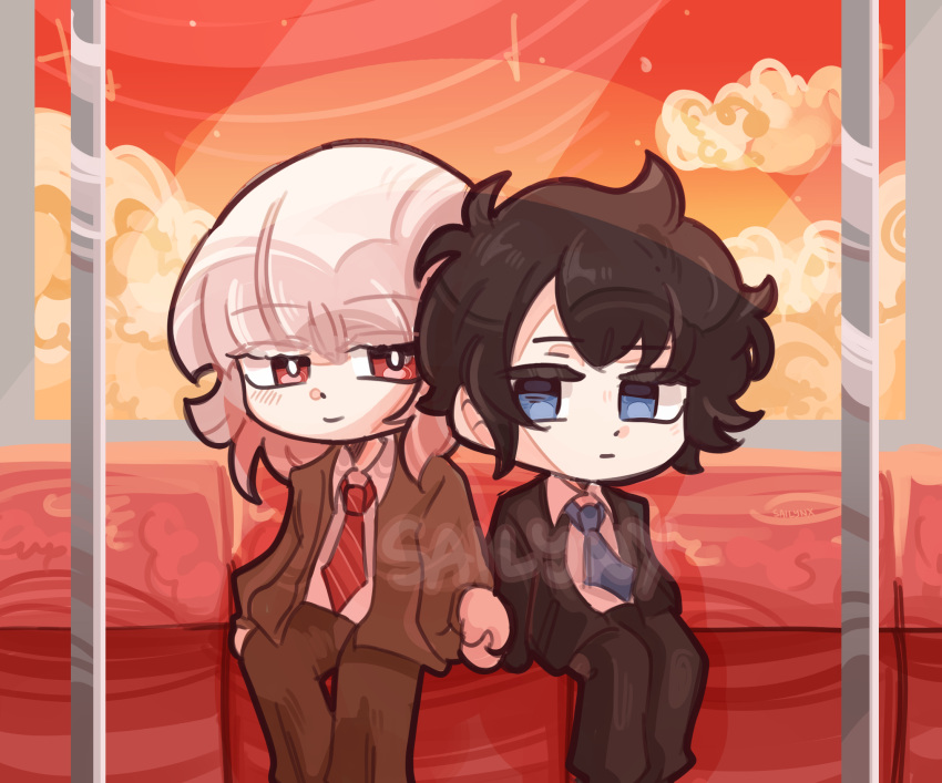 2boys akinashi_haru black_hair black_jacket black_suit blue_eyes blue_necktie brown_cardigan brown_pants cardigan chibi chibi_only feet_out_of_frame highres holding_hands jacket looking_at_another lynxsai male_focus multiple_boys necktie pants red_necktie saihate_eki sitting suit sunset tatsunami_shion watermark white_hair