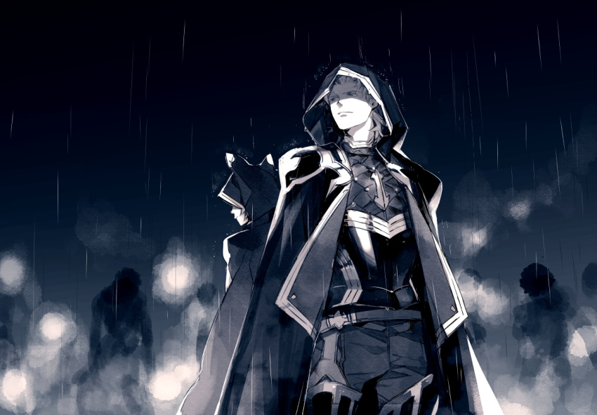 1boy 1other animal_hood armor back-to-back boots cloak closed_mouth covered_eyes erune from_below granblue_fantasy hood hood_over_eyes hood_up hooded_cloak kazunon light_smile looking_away looking_to_the_side monochrome pants rain shaded_face siete silhouette six_(granblue_fantasy) smoke standing surrounded thigh_boots thighhighs