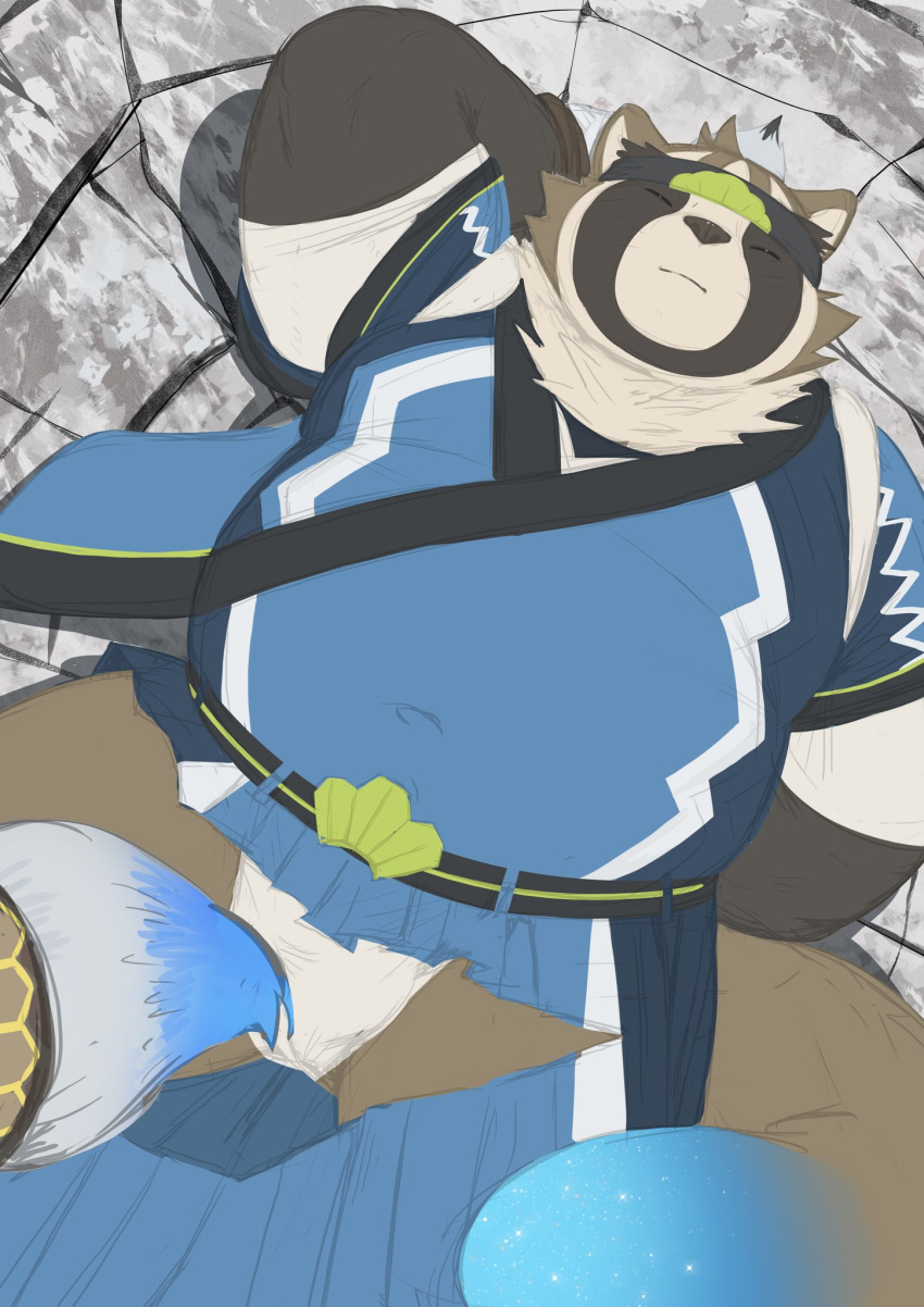 2020 anthro asian_clothing assisted_exposure belly cai1448331577 canid canine clothing east_asian_clothing fundoshi hi_res japanese_clothing kimono live-a-hero male mammal raccoon_dog shoen slightly_chubby solo tanuki torn_clothing underwear