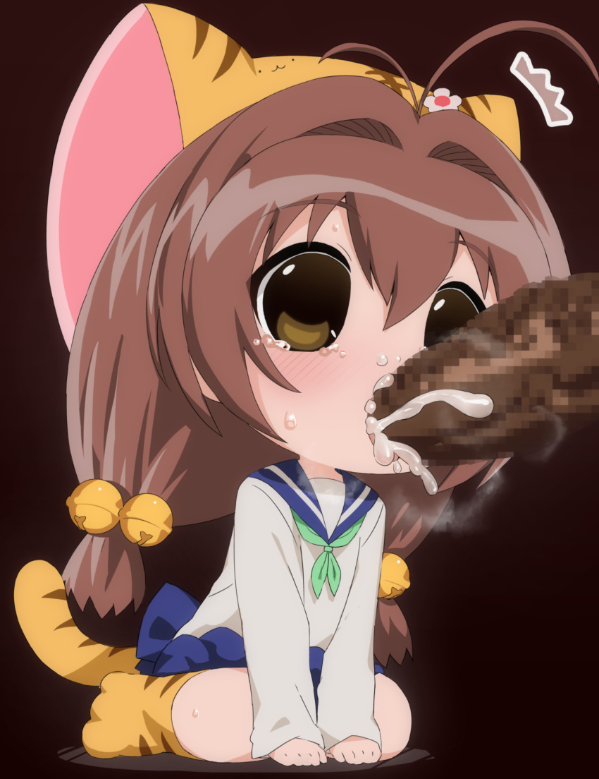 1boy 1girl animal_ears antenna_hair bell brown_eyes brown_hair cat_ears censored chibi cum cum_in_mouth di_gi_charat fellatio highres jingle_bell mosaic_censoring oral penis puchiko school_uniform serafuku simple_background sitting sweat tail tears thing_(athing) twintails wariza