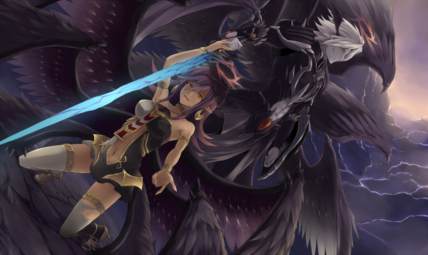 1boy 1girl angel angel_wings armor black_wings bracelet darklord_ixchel darklord_morningstar duel_monster eyes_visible_through_hair fallen_angel halo highres jewelry large_wings ocean open_mouth pale_skin purple_hair red_eyes rr_(rr2) sandals sword thighhighs weapon white_hair wings yellow_eyes yuu-gi-ou