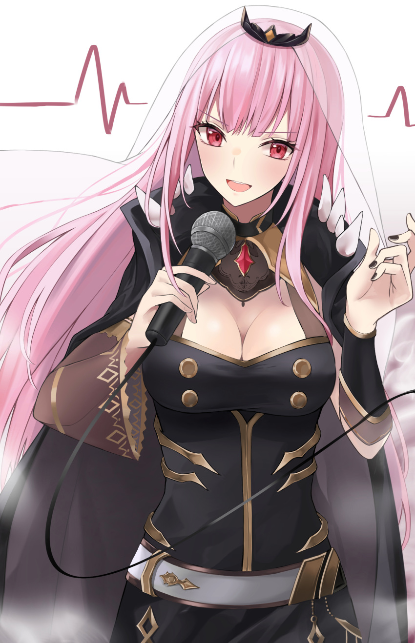 1girl absurdres breasts capelet cloak dress highres hololive hololive_english large_breasts long_hair looking_at_viewer microphone mori_calliope music pink_hair red_eyes singing smile solo sukuemon tiara virtual_youtuber