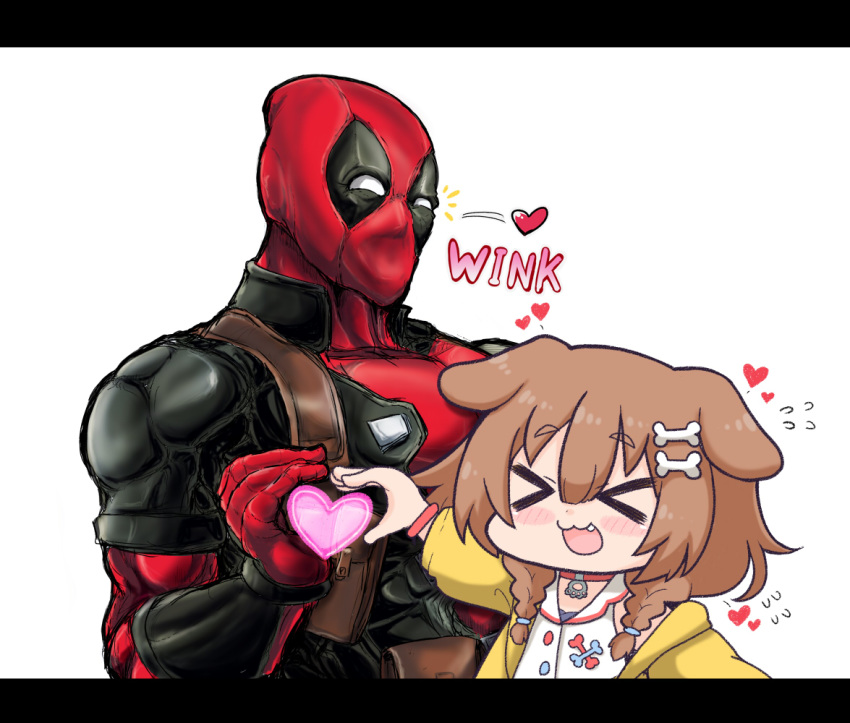 &gt;_&lt; 1boy 1girl animal_ears bodysuit bone_hair_ornament braid brown_hair crossover deadpool dog_ears dog_girl heart heart_hands heart_hands_duo hololive inugami_korone letterboxed matarou_(matarou072) open_mouth simple_background twin_braids virtual_youtuber white_background