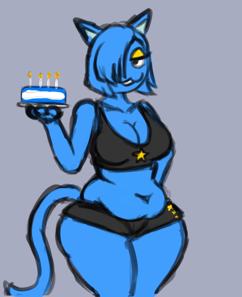 2020 :3 anthro bangs belly belly_overhang black_clothing black_eyes blue_body blue_fur blue_hair bottomwear breasts cake candle cleavage clothed clothing collarbone crop_top digital_media_(artwork) domestic_cat eyelashes eyeshadow felid feline felis female food fur grey_background grin hair hair_over_eye hi_res holding_object looking_at_viewer m115 makeup mammal midriff milki_max navel no_pupils one_eye_obstructed plate shirt shorts simple_background slightly_chubby smile solo standing tank_top thick_thighs topwear wide_hips