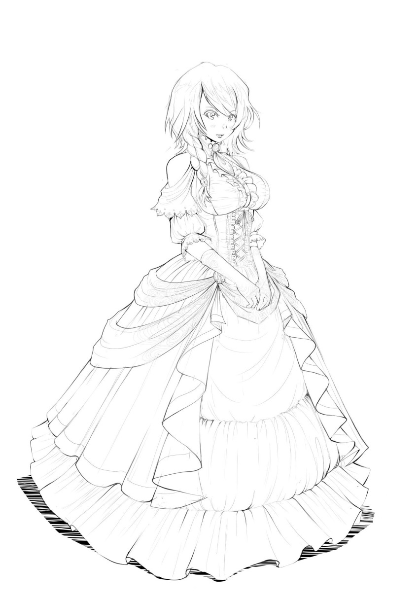 1girl aradia_(night_of_revenge) bangs bare_shoulders blush braid breasts center_frills commentary_request corset dress elbow_gloves eyebrows_visible_through_hair frilled_dress frills full_body gloves greyscale hands_together highres hoop_skirt large_breasts layered_dress long_dress long_hair monochrome night_of_revenge own_hands_together parted_lips puffy_short_sleeves puffy_sleeves short_sleeves side_braid side_ponytail simple_background sketch sleeves_past_elbows solo standing swept_bangs underbust v_arms white_background