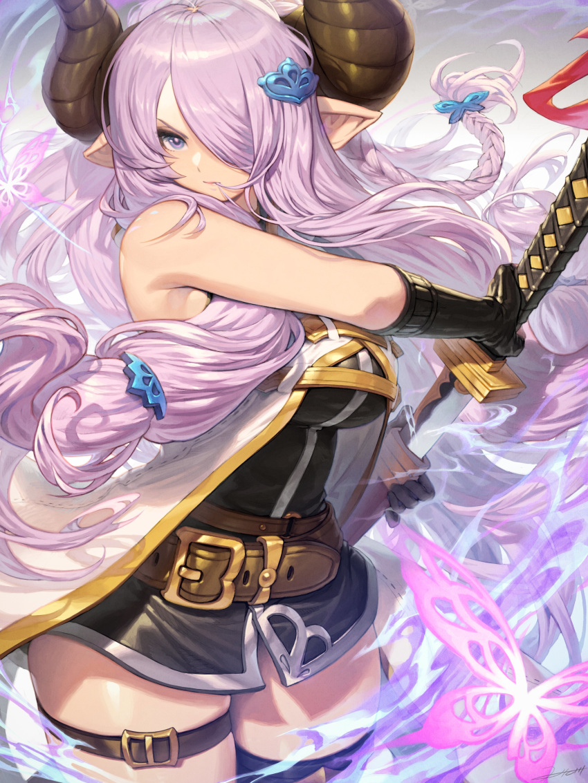 1girl absurdres bangs bare_shoulders belt blue_eyes braid breasts commentary draph gloves granblue_fantasy hair_ornament hair_over_one_eye hairclip hichi highres holding holding_weapon horns katana large_breasts lips long_hair looking_away mouth_hold narmaya_(granblue_fantasy) pink_hair pointy_ears serious sheath shiny shiny_hair shiny_skin simple_background single_thighhigh sleeveless solo sword thigh_strap thighhighs thighs tied_hair weapon