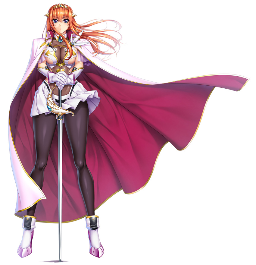 1girl ankle_boots bangs black_legwear blue_eyes boots breasts cape closed_mouth commentary_request dress eyebrows_visible_through_hair full_body gloves hair_ornament jewelry kagami_hirotaka kangoku_senkan kangoku_senkan_2 large_breasts looking_at_viewer maya_cordelia official_art orange_hair pantyhose pleated_skirt see-through shiny shiny_clothes shiny_hair shiny_skin short_dress simple_background skin_tight skirt solo standing sword taimanin_(series) taimanin_asagi_kessen_arena tiara weapon white_background