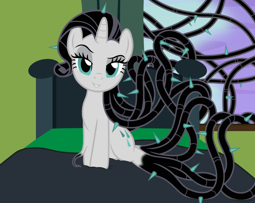 badumsquish blue_eyes equid equine female friendship_is_magic hi_res horn hybrid looking_at_viewer mammal my_little_pony plunder_seeds_(mlp) rarity_(mlp) solo spikes thorns unicorn vines window