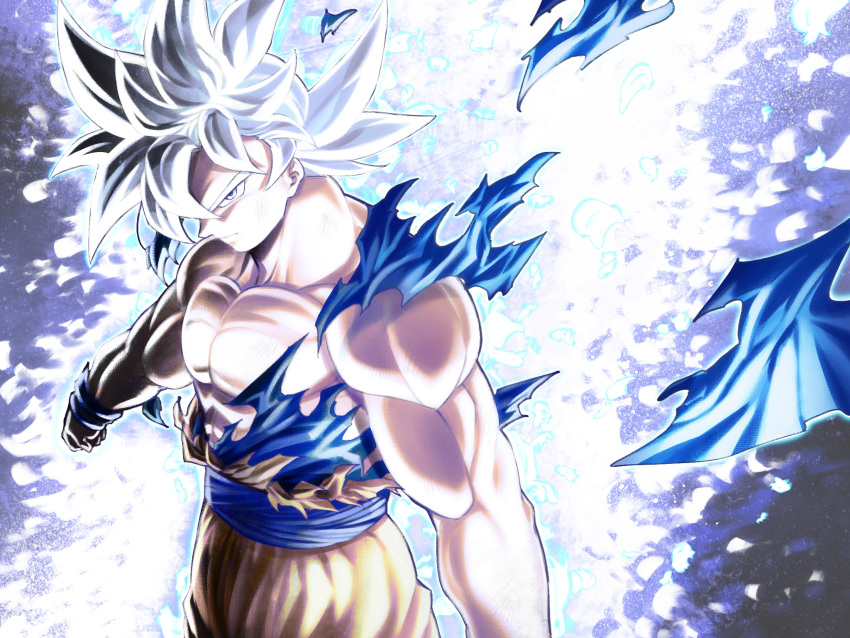 1boy aura clenched_hands closed_mouth dougi dragon_ball dragon_ball_super highres looking_at_viewer male_focus mattari_illust muscle silver_eyes silver_hair smile solo son_gokuu spiked_hair standing torn_clothes ultra_instinct