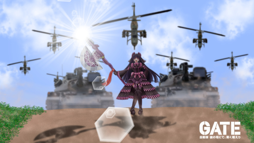 1girl aircraft armored_vehicle axe black_hair breasts caterpillar_tracks cloud commentary_request epic gate_-_jieitai_ka_no_chi_nite_kaku_tatakaeri grass ground_vehicle gun helicopter highres laughing lolita_fashion long_hair military military_vehicle motor_vehicle open_mouth red_eyes rory_mercury sky solo sun sunlight tami_(tamisan113) tank type_74 weapon