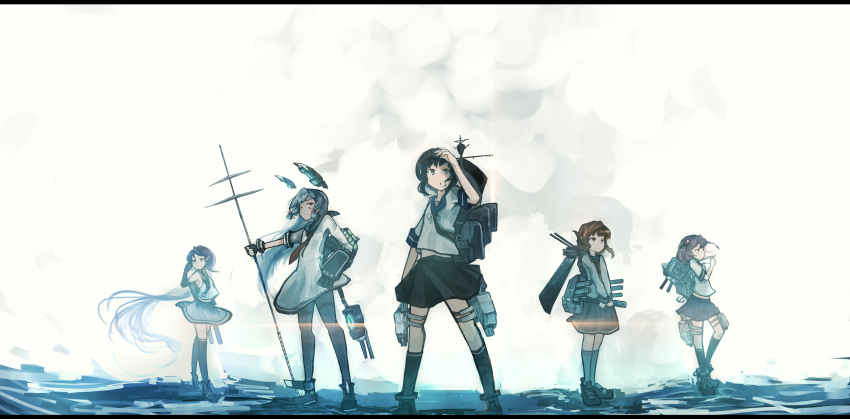 5girls absurdres black_gloves black_hair black_legwear black_sailor_collar black_skirt blue_eyes blue_hair blue_sailor_collar blue_skirt brown_eyes brown_hair dress elbow_gloves folded_ponytail fubuki_(kantai_collection) gloves green_eyes hair_bobbles hair_ornament headgear highres inazuma_(kantai_collection) kantai_collection kneehighs long_hair long_sleeves machinery mifuru multiple_girls murakumo_(kantai_collection) neckerchief orange_eyes pantyhose pink_eyes pink_hair pleated_skirt red_neckwear rigging sailor_collar sailor_dress samidare_(kantai_collection) sazanami_(kantai_collection) school_uniform serafuku short_hair short_ponytail short_sleeves silver_hair skirt sleeveless smokestack standing standing_on_liquid thighhighs turret twintails very_long_hair white_dress