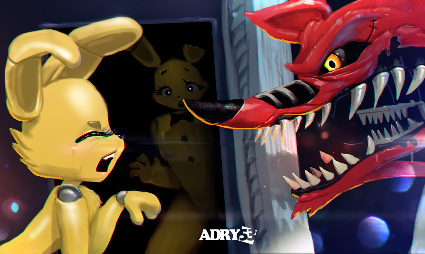 2015 absurd_res adry53 ambiguous_gender animatronic anthro black_nose black_sclera bodily_fluids canid canine creepy crying door eye_scar eyelashes female fingers five_nights_at_freddy's five_nights_at_freddy's_4 fox fur hi_res lagomorph leporid machine mammal nightmare_foxy_(fnaf) open_mouth plushtrap_(fnaf) rabbit robot scar scared sharp_teeth signature spring_bonnie_(fnaf) tears teeth video_games yellow_body yellow_fur