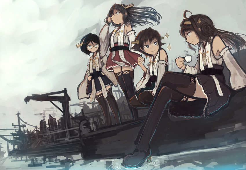 4girls ahoge bare_shoulders black_footwear black_hair black_skirt boots brown_hair closed_mouth cup detached_sleeves double_bun glasses green_skirt grey_eyes hairband haruna_(kantai_collection) headgear hiei_(kantai_collection) highres holding holding_cup japanese_clothes kantai_collection kirishima_(kantai_collection) kongou_(kantai_collection) long_hair mifuru multiple_girls nontraditional_miko pleated_skirt red_skirt ribbon-trimmed_sleeves ribbon_trim short_hair sitting skirt smile sparkle standing thigh_boots thighhighs wide_sleeves