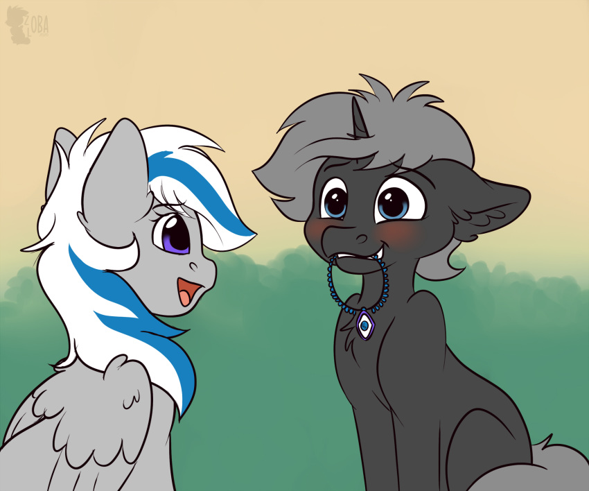 black_body black_fur blue_eyes blue_highlights blush detailed_background duo equid equine female feral fur grey_body grey_fur grey_hair hair hasbro hi_res highlights_(coloring) horn horse jewelry lady_lightning_strike_(oc) male male/female mammal my_little_pony necklace pegasus pony purple_eyes smile the_ghost_(oc) unicorn white_hair wings zobaloba