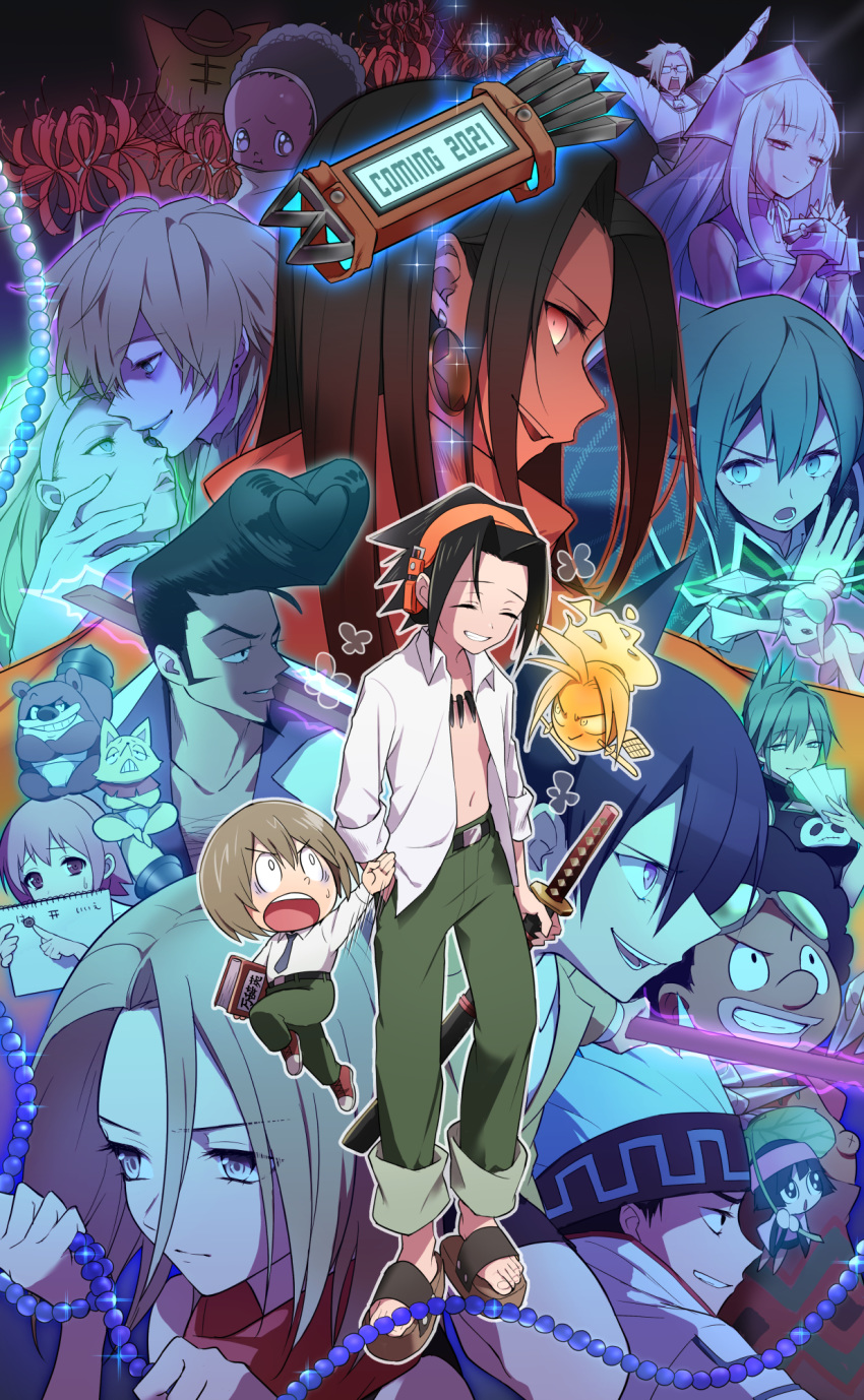 6+boys 6+girls afro ainu_clothes amidamaru asakura_hao asakura_you beads black_dress black_hair blonde_hair blue_hair brown_hair cape chocolove commentary conchi_(shaman_king) dress eliza_(shaman_king) everyone eyewear_on_head fairy green_eyes green_hair headband headphones highres iron_maiden_jeanne jewelry johann_faust_viii katana kate_iwana kororo kyouyama_anna leaf_umbrella long_hair lyserg_diethel marco_lasso matamune morphine multiple_boys multiple_girls necklace ofuda opacho oyamada_manta pink_eyes pink_hair ponchi_(shaman_king) prayer_beads purple_eyes red_eyes scarf school_uniform shaman_king short_hair silver_hair sleeveless smile sunglasses sword tamamura_tamao tao_jun tao_ren umemiya_ryuunosuke usui_horokeu weapon