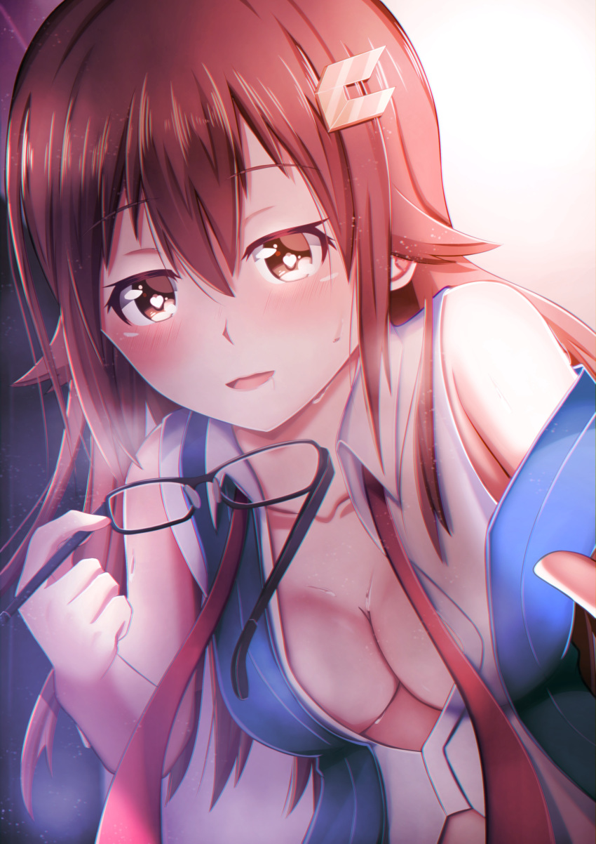 1girl absurdres bangs bare_shoulders blush breasts brown_eyes brown_hair cleavage commentary_request eyebrows_visible_through_hair hair_between_eyes hair_ornament hairclip heart heart-shaped_pupils highres holding holding_eyewear hololive long_hair looking_at_viewer medium_breasts off_shoulder open_mouth punisher_art sidelocks solo sweat symbol-shaped_pupils tokino_sora virtual_youtuber