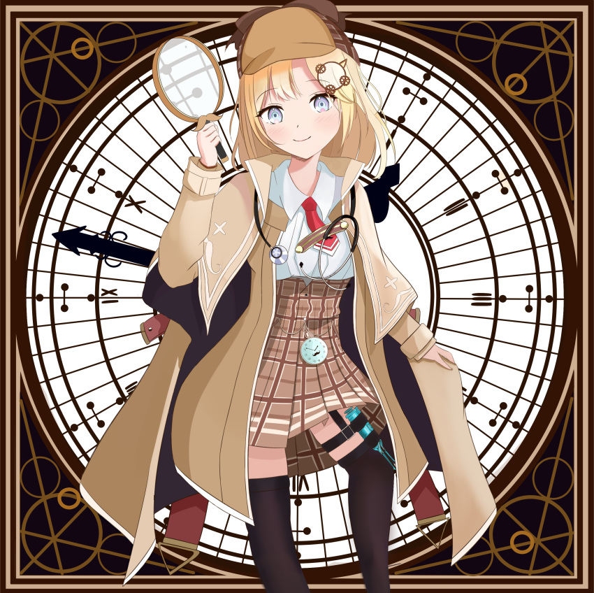 1girl absurdres blonde_hair blue_eyes hair_ornament hat highres hololive hololive_english holomyth looking_at_viewer monocle_hair_ornament necktie plaid plaid_skirt red_neckwear shirt skirt smile solo virtual_youtuber watson_amelia white_shirt