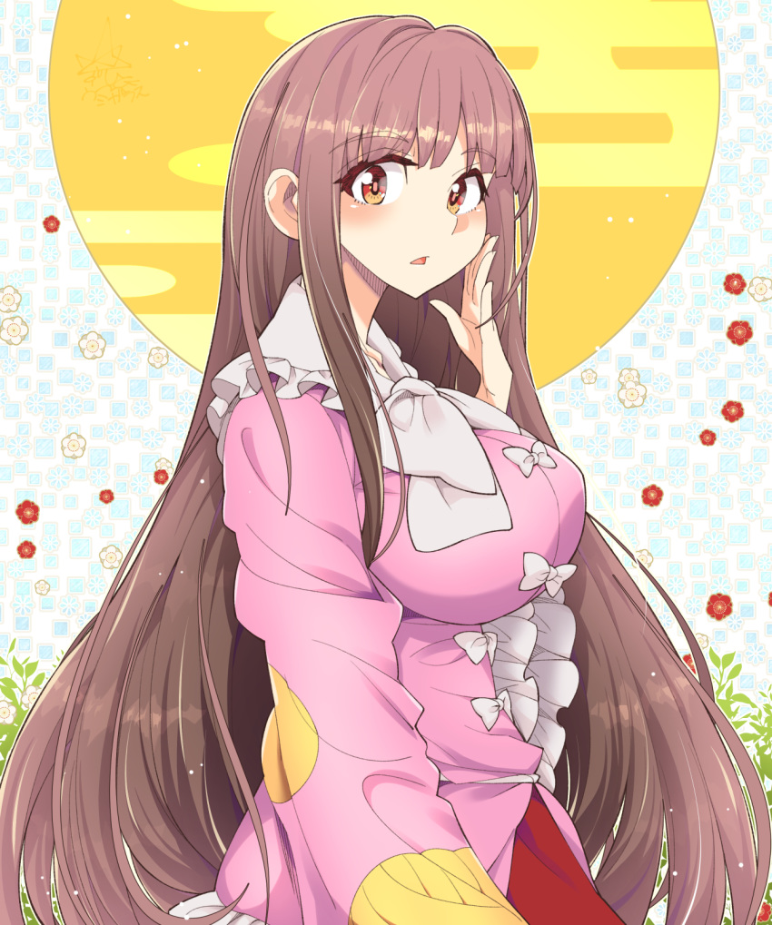 1girl alternate_eye_color alternate_hair_color bangs blunt_bangs blush bow bowtie breasts brown_hair collared_shirt ears eyebrows_visible_through_hair eyelashes floral_print flower hand_on_own_cheek hand_up highres hime_cut houraisan_kaguya japanese_clothes large_breasts long_hair long_sleeves looking_at_viewer moon open_mouth pink_shirt red_flower red_skirt sanpaku shirt skirt sleeves_past_wrists solo touhou umigarasu_(kitsune1963) very_long_hair white_bow white_flower white_neckwear wide_sleeves yellow_eyes