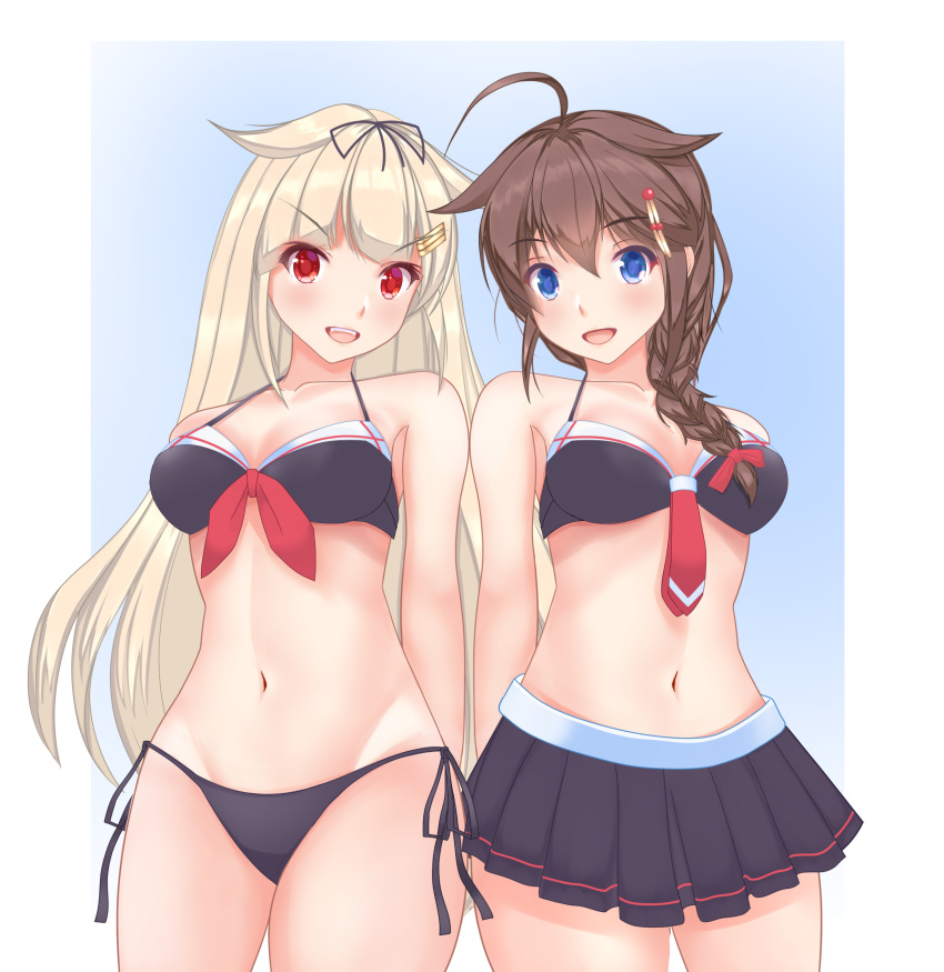 2girls absurdres adapted_costume ahoge bikini bikini_skirt black_bikini black_hair black_ribbon black_skirt blonde_hair blue_eyes braid breasts commentary_request cowboy_shot hair_flaps hair_ornament hair_over_shoulder hair_ribbon hairclip highres kantai_collection long_hair looking_at_viewer medium_breasts multiple_girls osashimisan pleated_skirt red_eyes remodel_(kantai_collection) ribbon shigure_(kantai_collection) side-tie_bikini single_braid skirt swimsuit yuudachi_(kantai_collection)