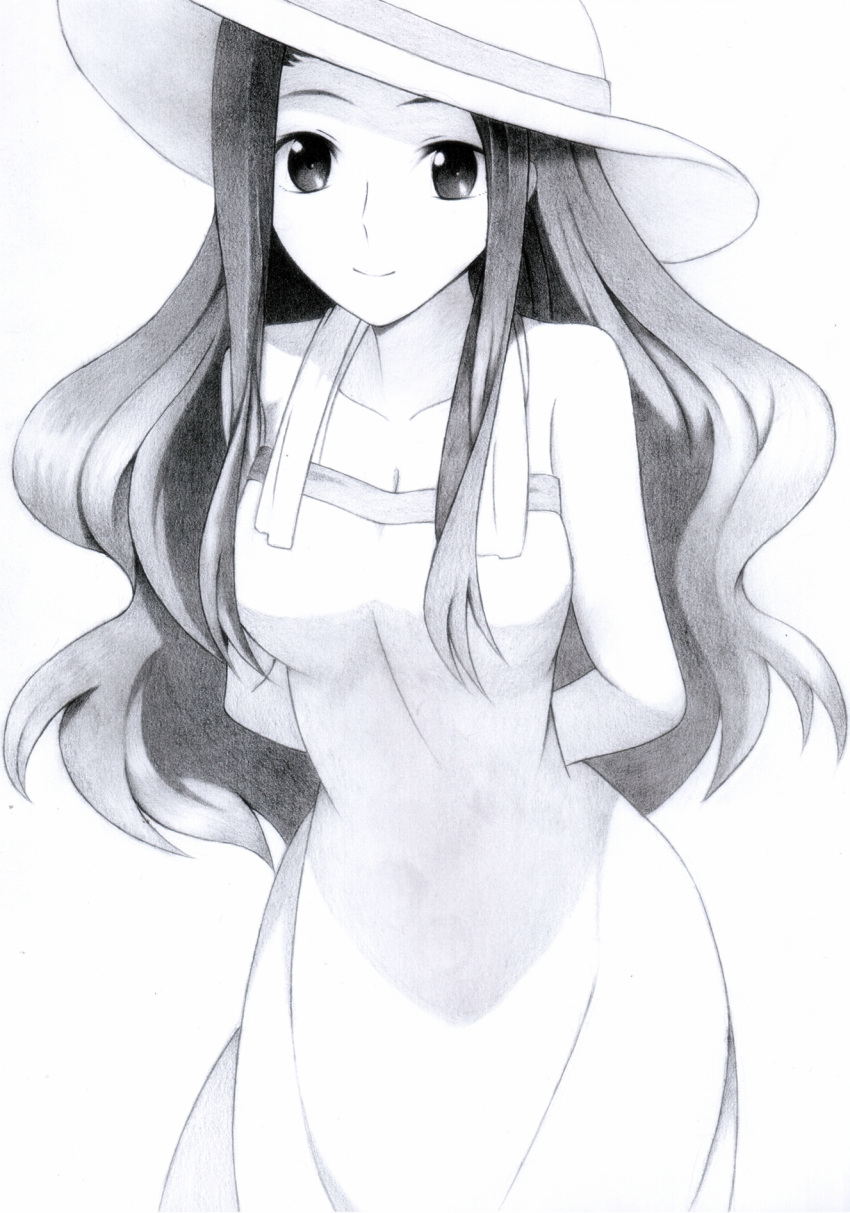 1girl arms_behind_back breasts cleavage dress hat highres jin_feng leaning_forward long_hair looking_at_viewer mahouka_koukou_no_rettousei monochrome saegusa_mayumi smile solo sun_hat sundress