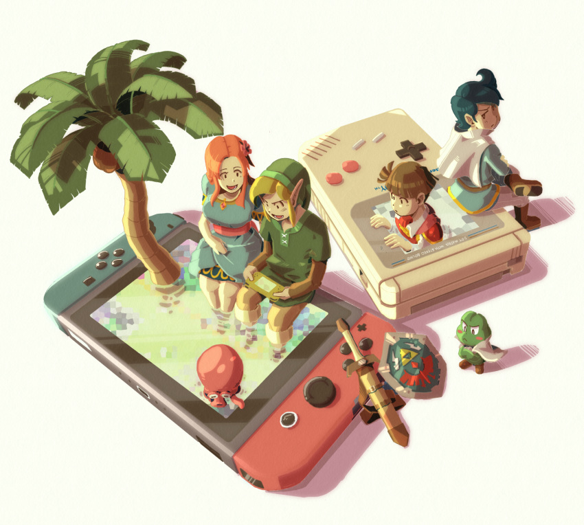 cape coconut dress flower frog game_boy hair_flower hair_ornament handheld_game_console hat highres kaeru_no_tame_ni_kane_wa_naru link marin_(the_legend_of_zelda) nintendo nintendo_switch octorok palm_tree playing_games pointy_ears prince_richard_(kaeru_no_tame_ni_kane_wa_naru) sabure_oukoku_no_ouji shield sitting sword the_legend_of_zelda the_legend_of_zelda:_link's_awakening through_screen tree weapon yukifuru2626